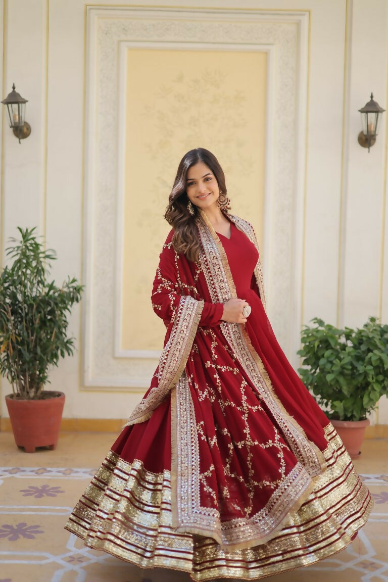 Jyoti Fashion Women's Maroon Faux Blooming Sequins Zari Embroideredy Anarkali Dress with Dupatta - Distacart