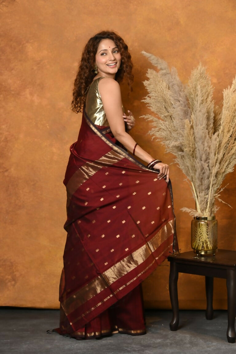 Very Much Indian Handloom Pure Cotton Silk Saree With Sleek Golden Border - Maroon - Distacart