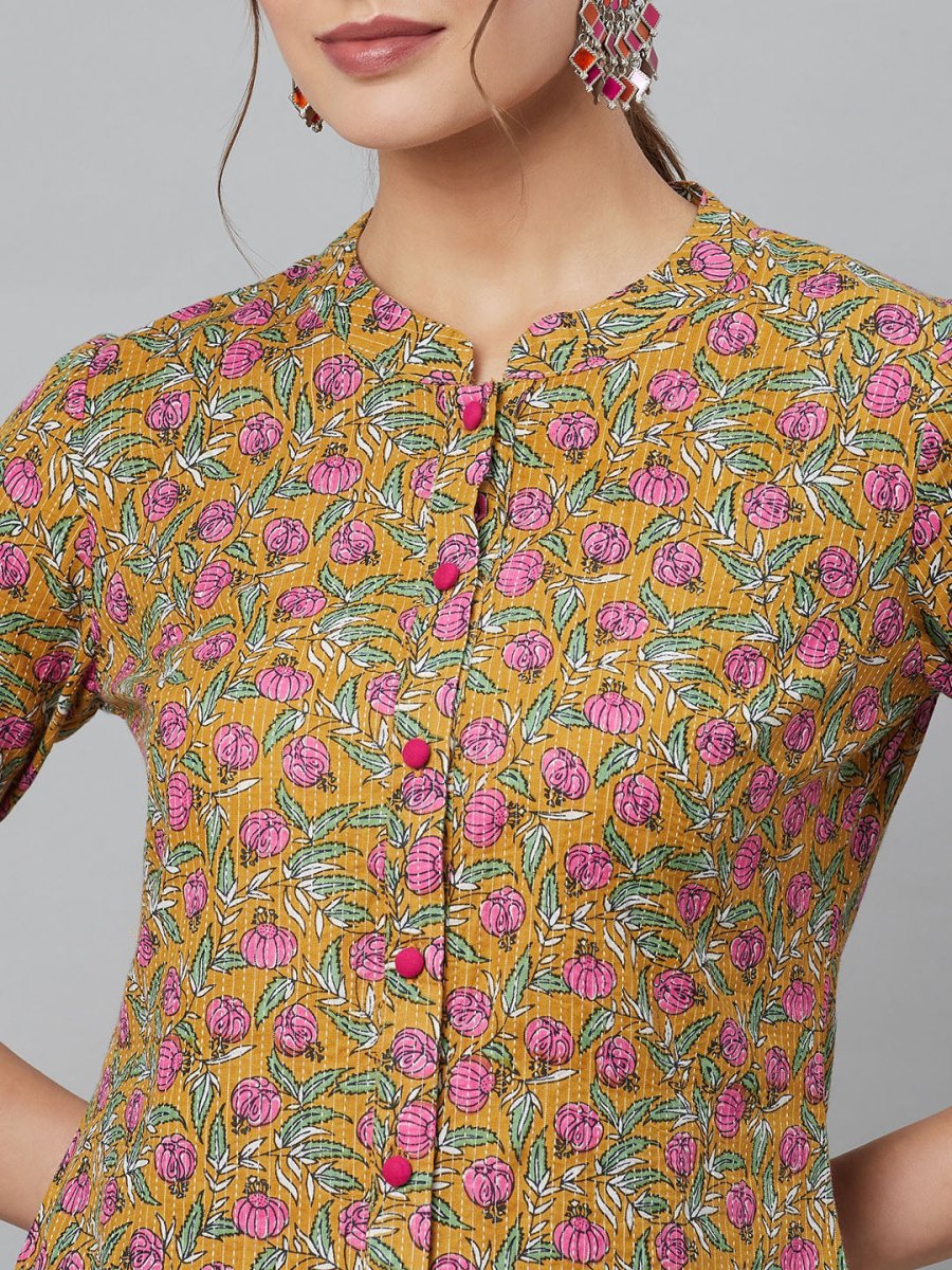 Aks Floral Printed Mandarin Collar Regular Pure Cotton Kurta With Trousers - Distacart