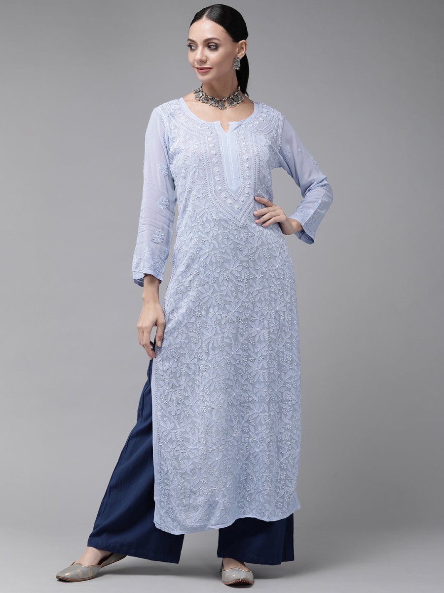ADA Women Blue & Blue Ethnic Motifs Embroidered Chikankari Georgette Kurta - Distacart