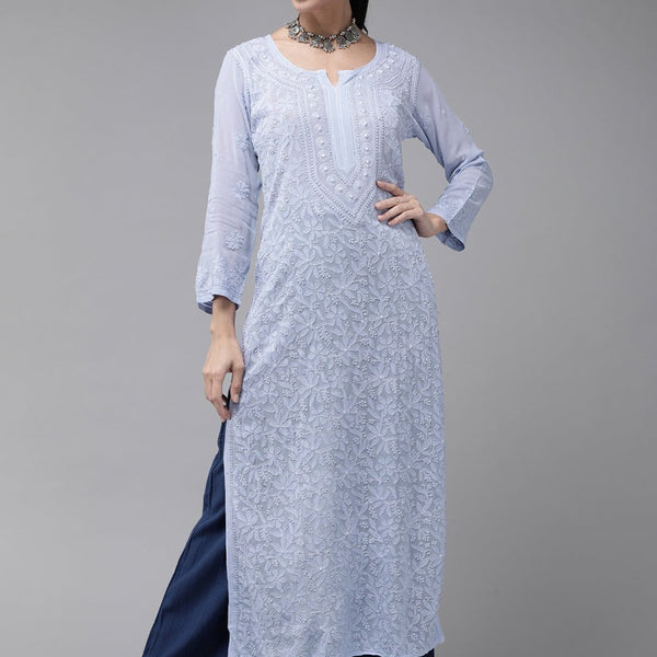 ADA Women Blue & Blue Ethnic Motifs Embroidered Chikankari Georgette Kurta - Distacart