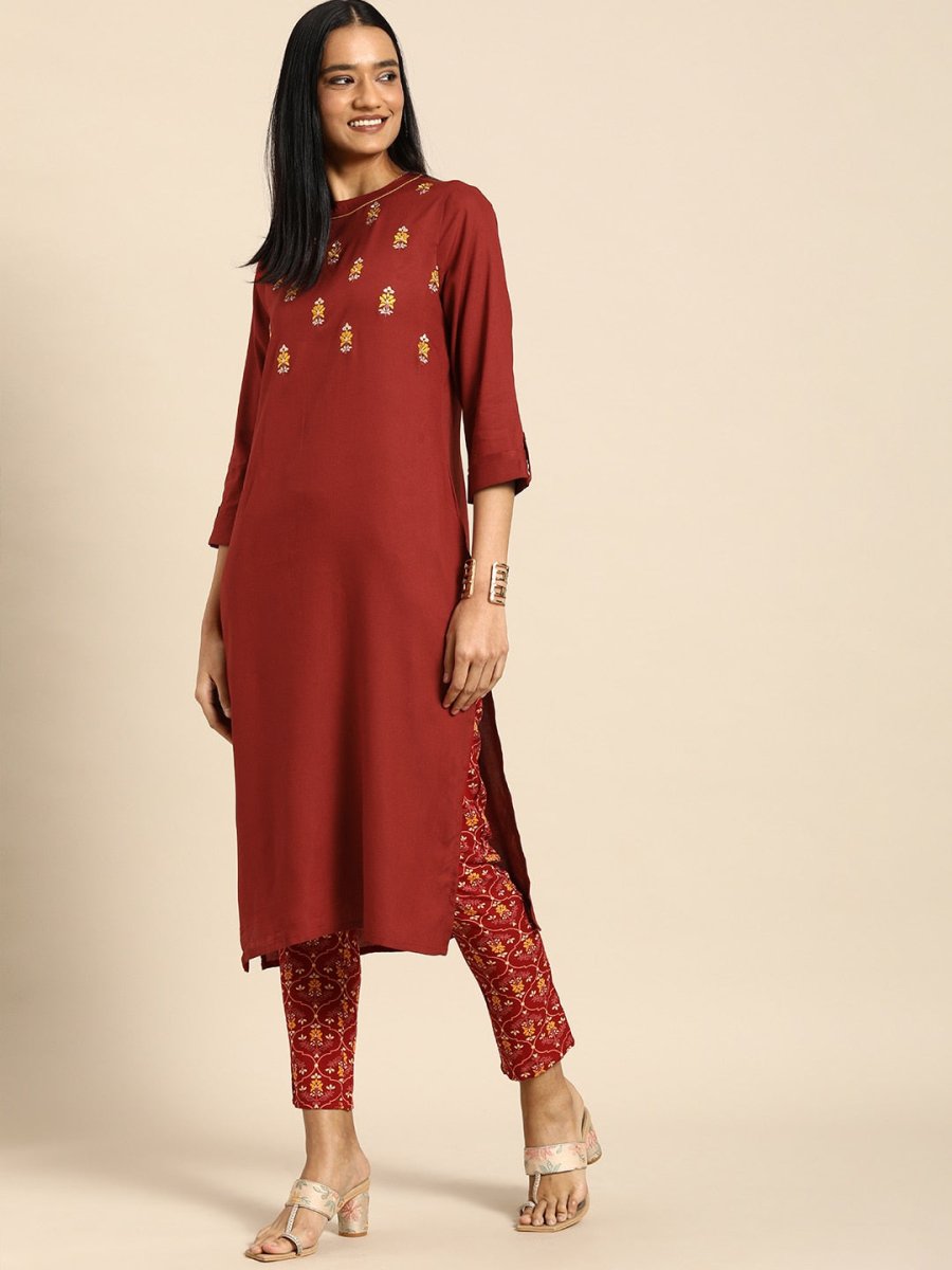 All About You Women Red Floral Embroidered Regular Thread Work Kurta with Trousers - Distacart