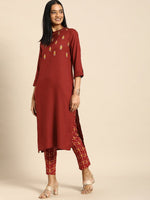 Thumbnail for All About You Women Red Floral Embroidered Regular Thread Work Kurta with Trousers - Distacart