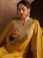 Thumbnail for Indo Era Yellow Paisley Embroidered Regular Straight Kurta With Trousers & Dupatta