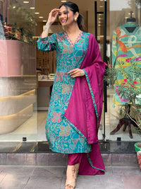 Thumbnail for Kalini Floral Printed V-Neck Thread Work Regular Kurta With Trousers & Dupatta - Distacart