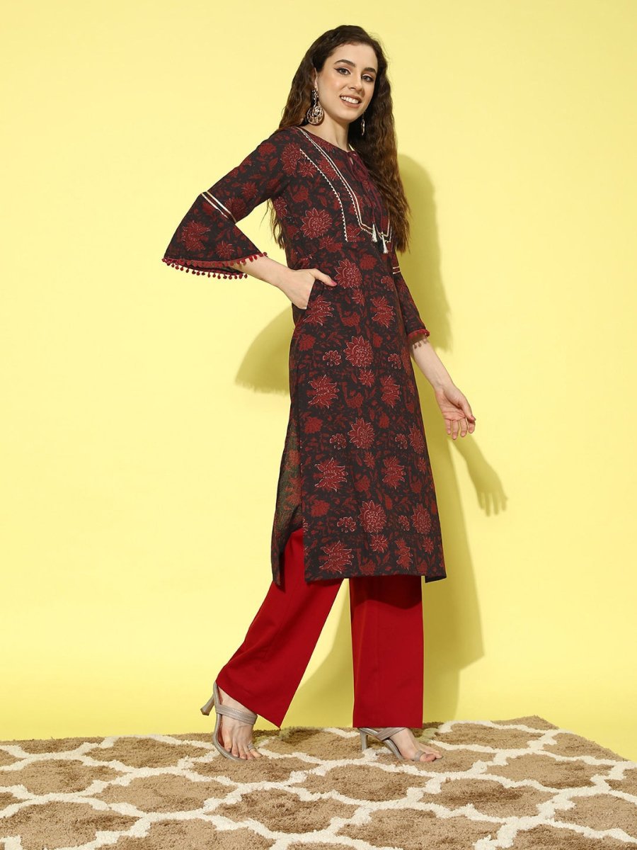 All About You Navy Blue Floral Printed Bell Sleeves Gotta Patti Pure Cotton Kurta - Distacart