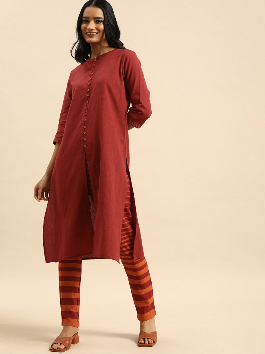 All About You Women Red & Orange Pure Cotton Kurta with Trousers - Distacart