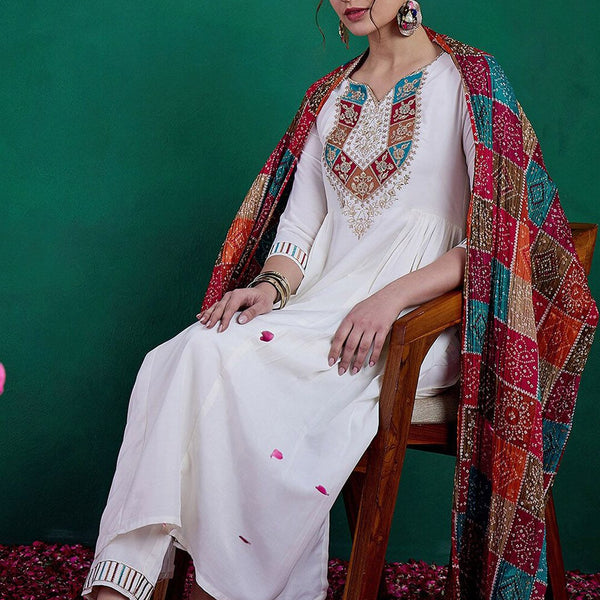 Sangria Floral Yoke Embroidered Straight Kurta & Trousers With Dupatta - Distacart