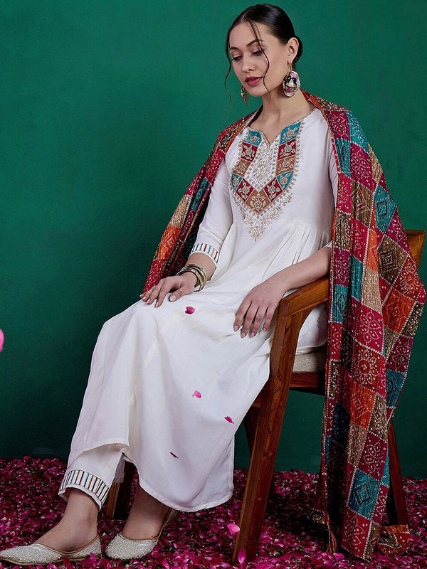Sangria Floral Yoke Embroidered Straight Kurta & Trousers With Dupatta