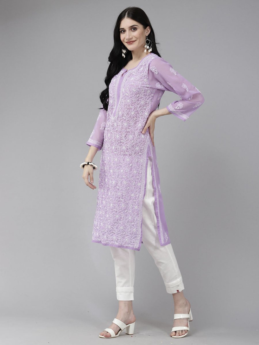 ADA Women Purple & White Ethnic Motifs Embroidered Chikankari Georgette Kurta - Distacart