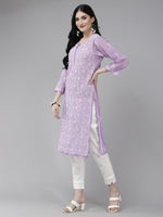 Thumbnail for ADA Women Purple & White Ethnic Motifs Embroidered Chikankari Georgette Kurta - Distacart