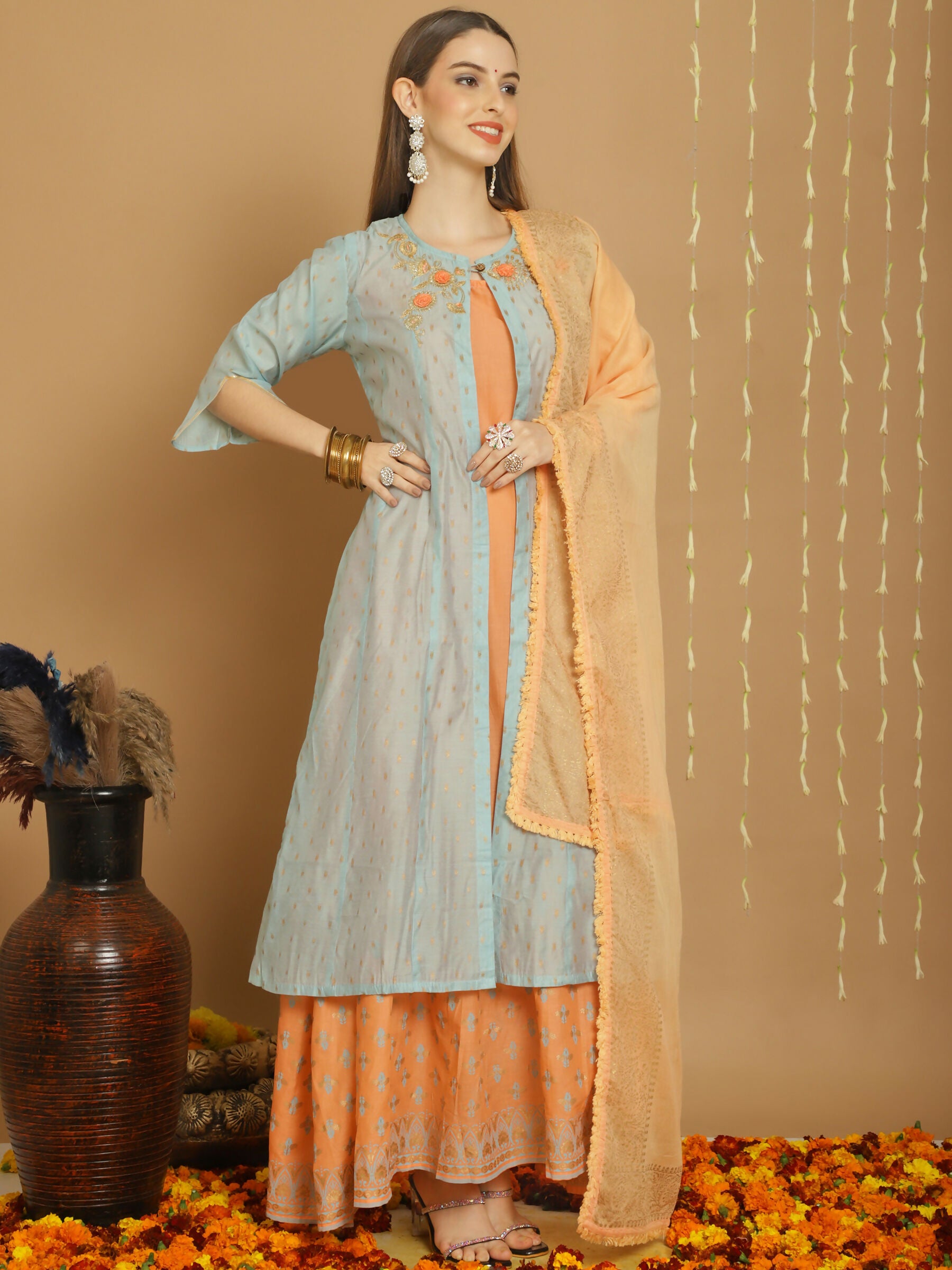 Jyoti Fashion Women's Turquoise Chanderi Silk Elegant Jardoshi Kurta with Trouser & Dupatta - Distacart