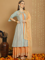 Thumbnail for Jyoti Fashion Women's Turquoise Chanderi Silk Elegant Jardoshi Kurta with Trouser & Dupatta - Distacart