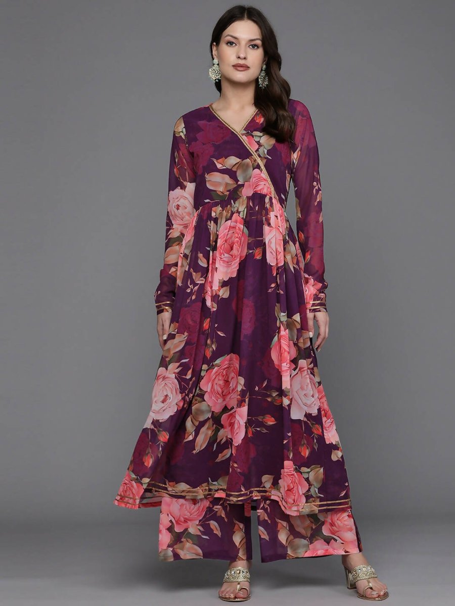 Ahalyaa Women Floral Printed Angrakha Kurta with Palazzos - Burgundy Color - Distacart
