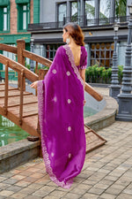 Thumbnail for Vastranavya Purple Embroidery Work Shimmer Chiffon Saree with Unstitched Blouse