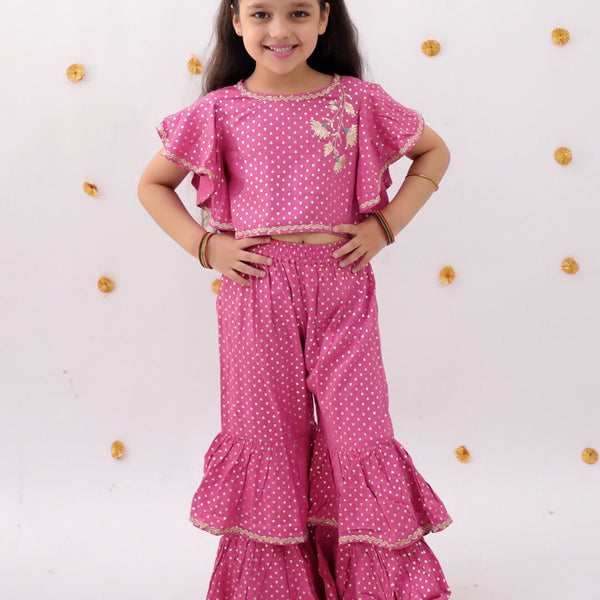 Lil Drama Khilkhilahat Pink Crop Top and Flare Pant Set For Girls