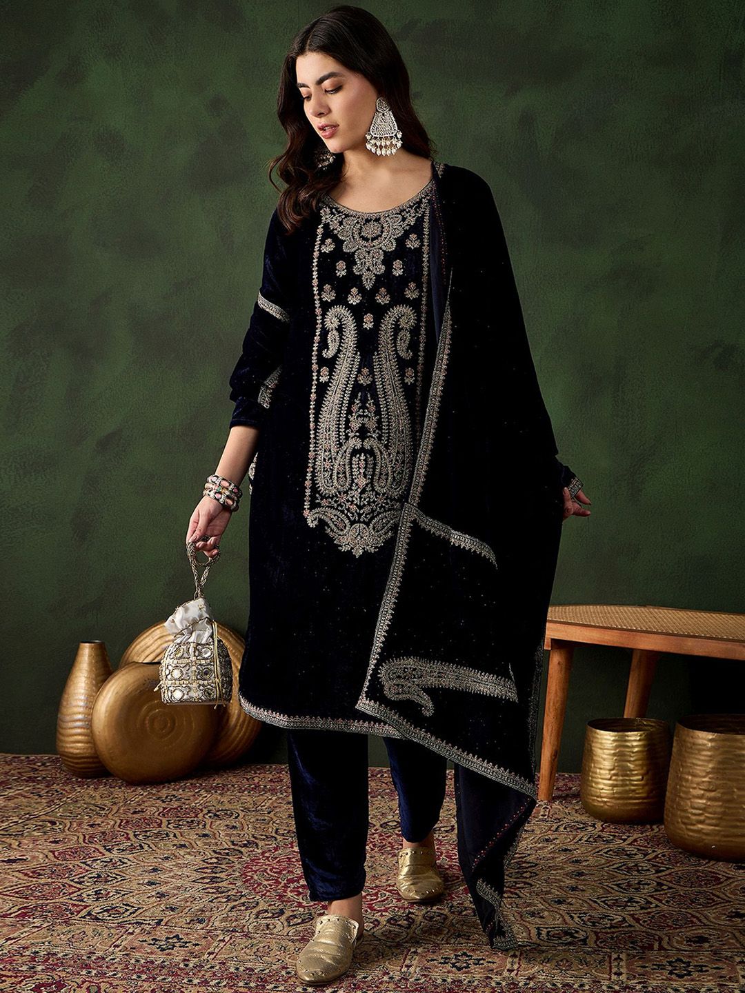 Sangria Floral Embroidered Straight Kurta & Trousers With Dupatta - Distacart