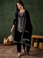 Thumbnail for Sangria Floral Embroidered Straight Kurta & Trousers With Dupatta - Distacart