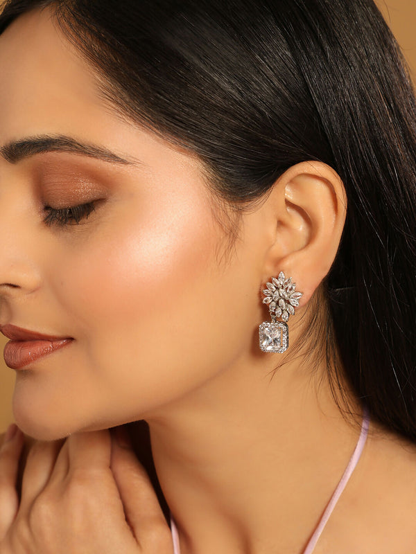 Nuyug Rhodium-Plated Rhinestone Studded Floral Minimal Cotemporary Studs