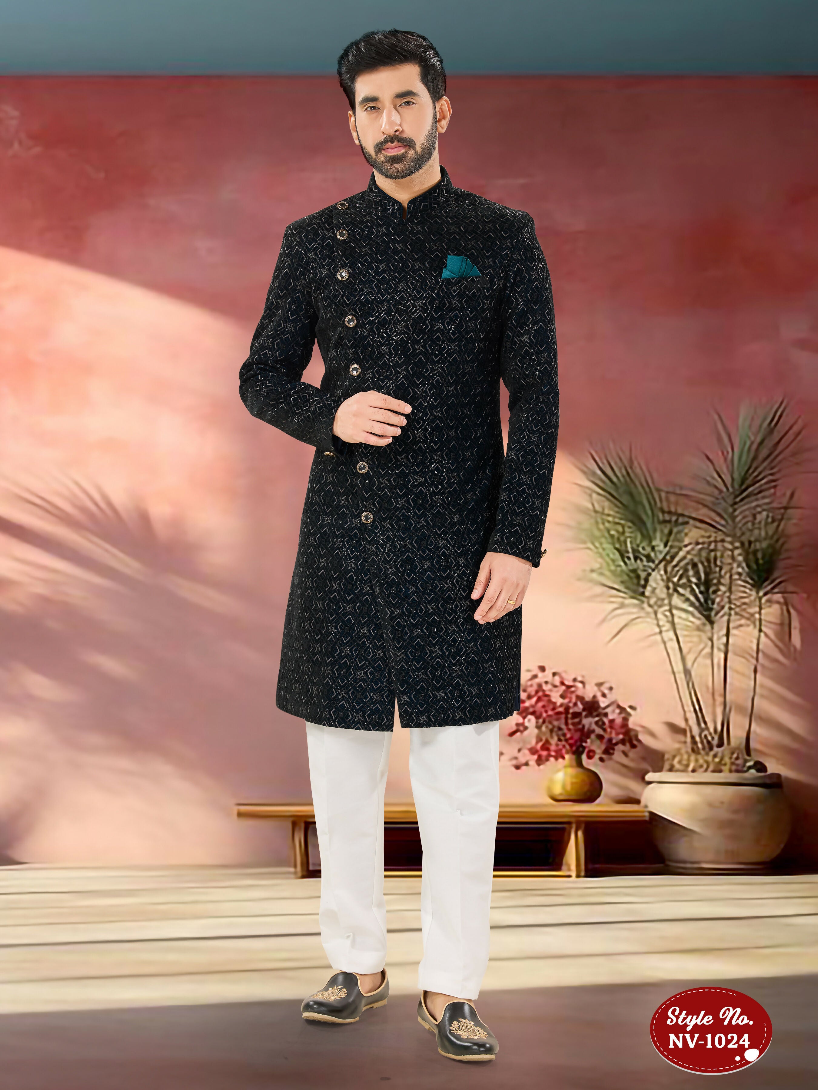 Joban Fashion Men's Blue Base Straight Velvet Thread And Sequence Embroidary All Over Indo-Western Kurta Set - Distacart