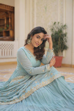 Thumbnail for Aastha Fashion Women's Sky Blue Faux Georgette Sequins Embroidered Anarkali Dress with Dupatta - Distacart