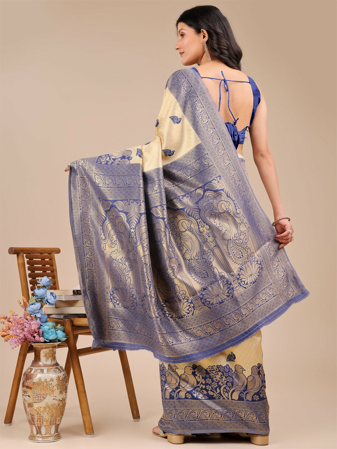 Astita Banarasi Silk Cream & Navy Blue Saree