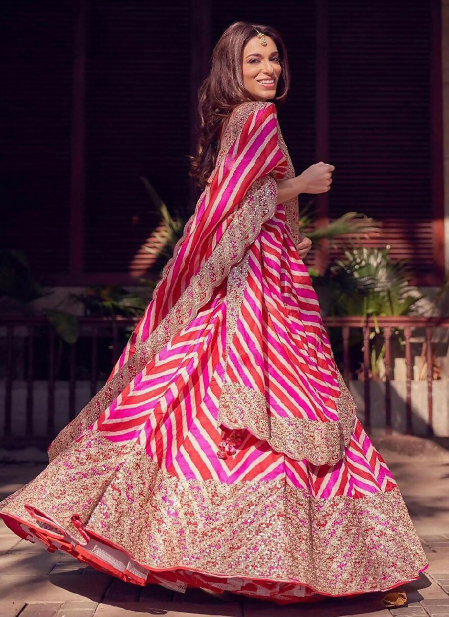 Jyoti Fashion Red & Pink Digital Print with Sequin Codding Embroidered Georgette Lehenga Choli with Dupatta - Distacart