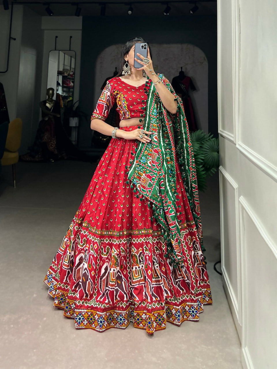 Vastranavya Navaratri Special Dola Silk Patola Print With Gamthi Work Lace Border Lehenga with Stitched Blouse - Red - Distacart