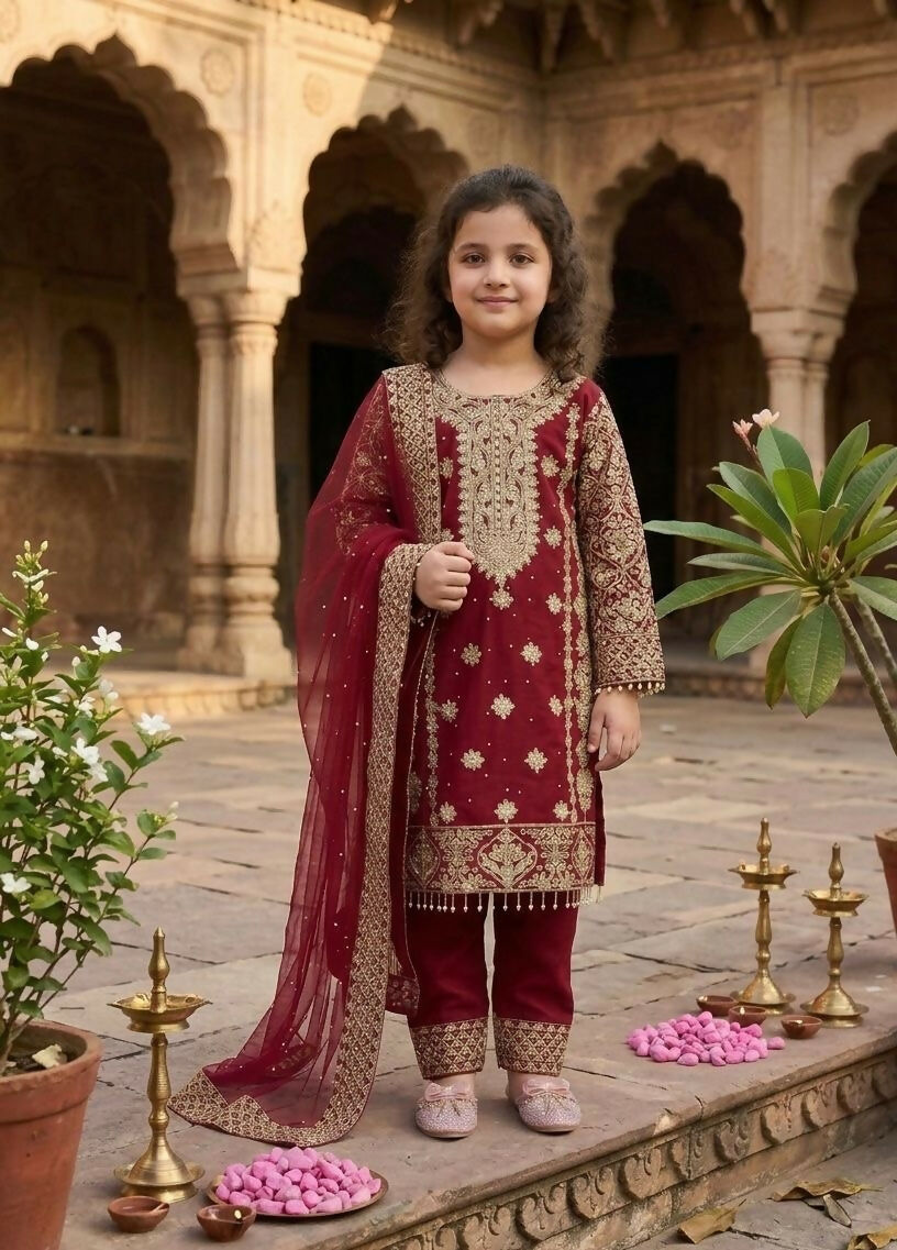 Teeya Creation New Kids Trendy stylish Rich Heavy Embroidery with Elegant Sequence Work Kurta Set-Red - Dista