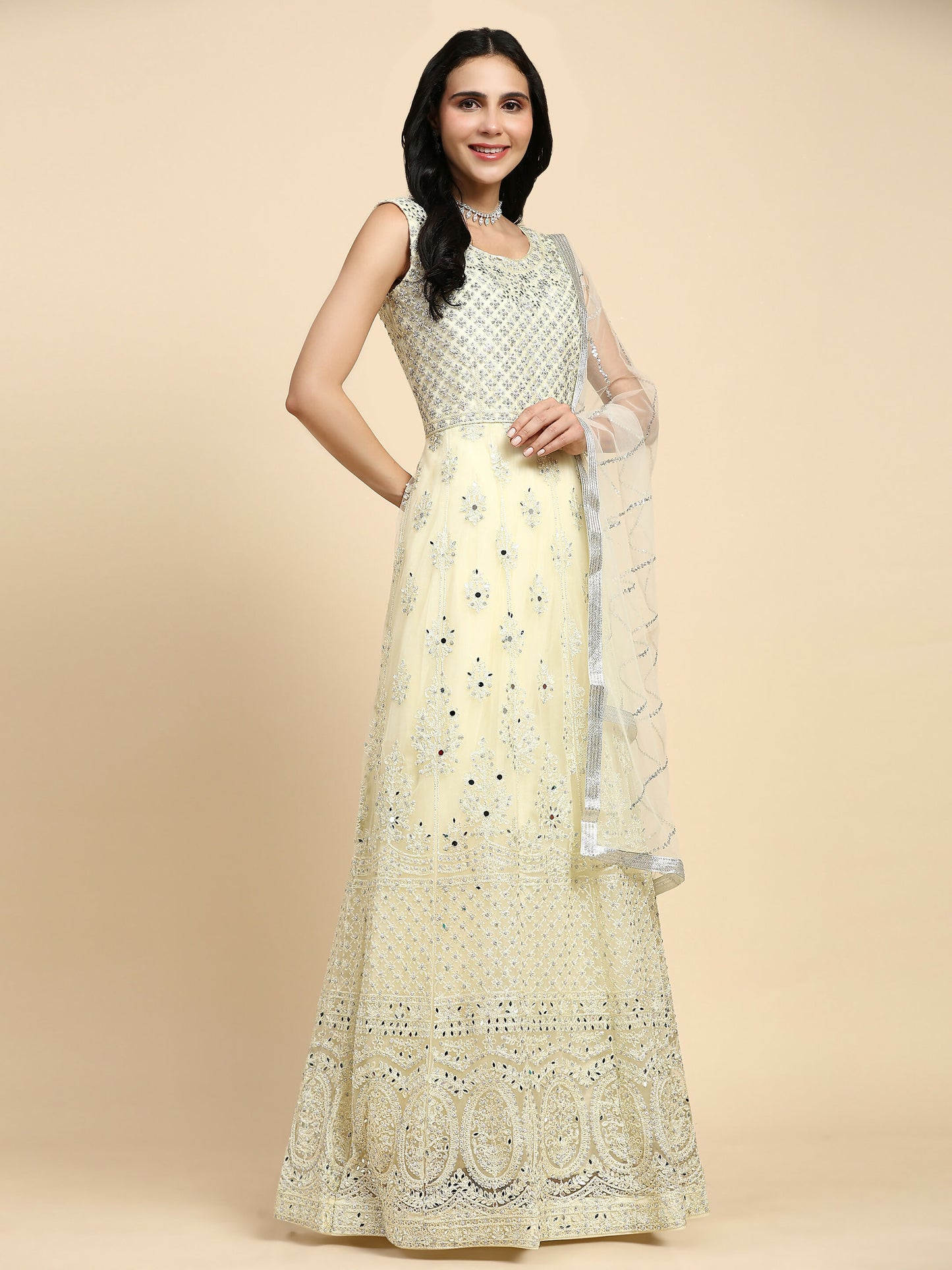 Yellow Net Hand Embroidered Gown - Rudrani - Distacart