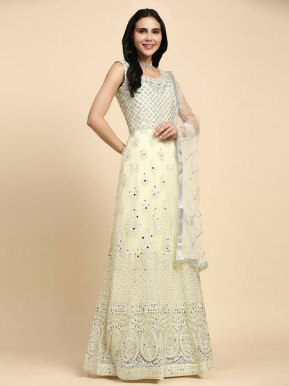 Yellow Net Hand Embroidered Gown - Rudrani - Distacart