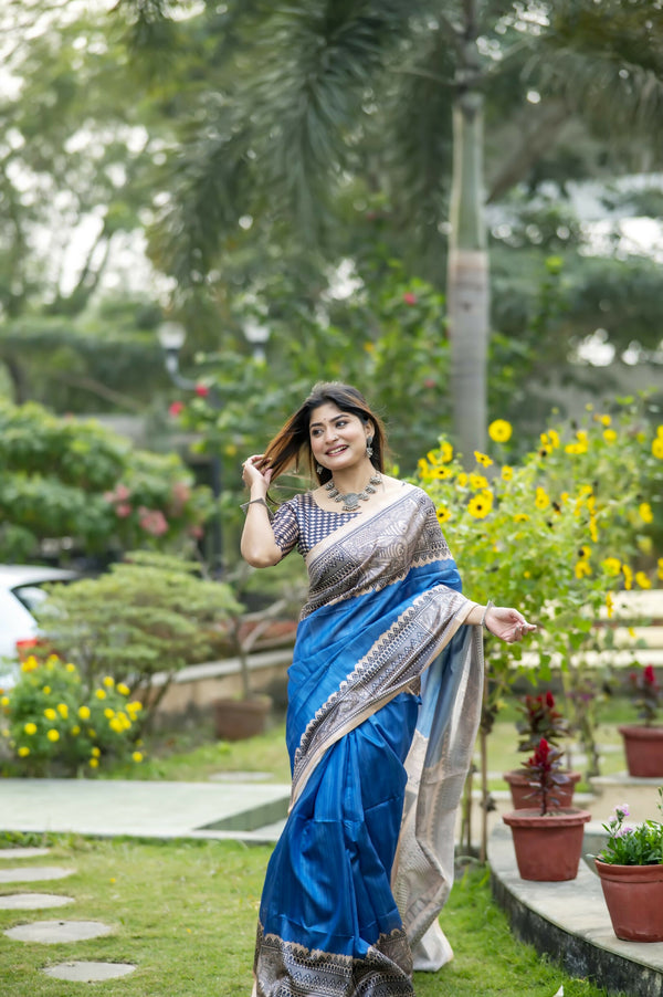 Vishnu Weaves Women's Blue Soft Tussar Silk Saree with Blouse - Distacart