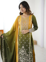 Thumbnail for The52 Women's Gorgeous Chinon silk Fabric Embroidery Work Straight Kurta Palazzo and Dupatta Set - Distacart