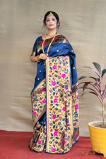 Thumbnail for Jyoti Fashion Women's Navy Blue Paithani Silk Zari Woven Saree with Blouse - Distacart