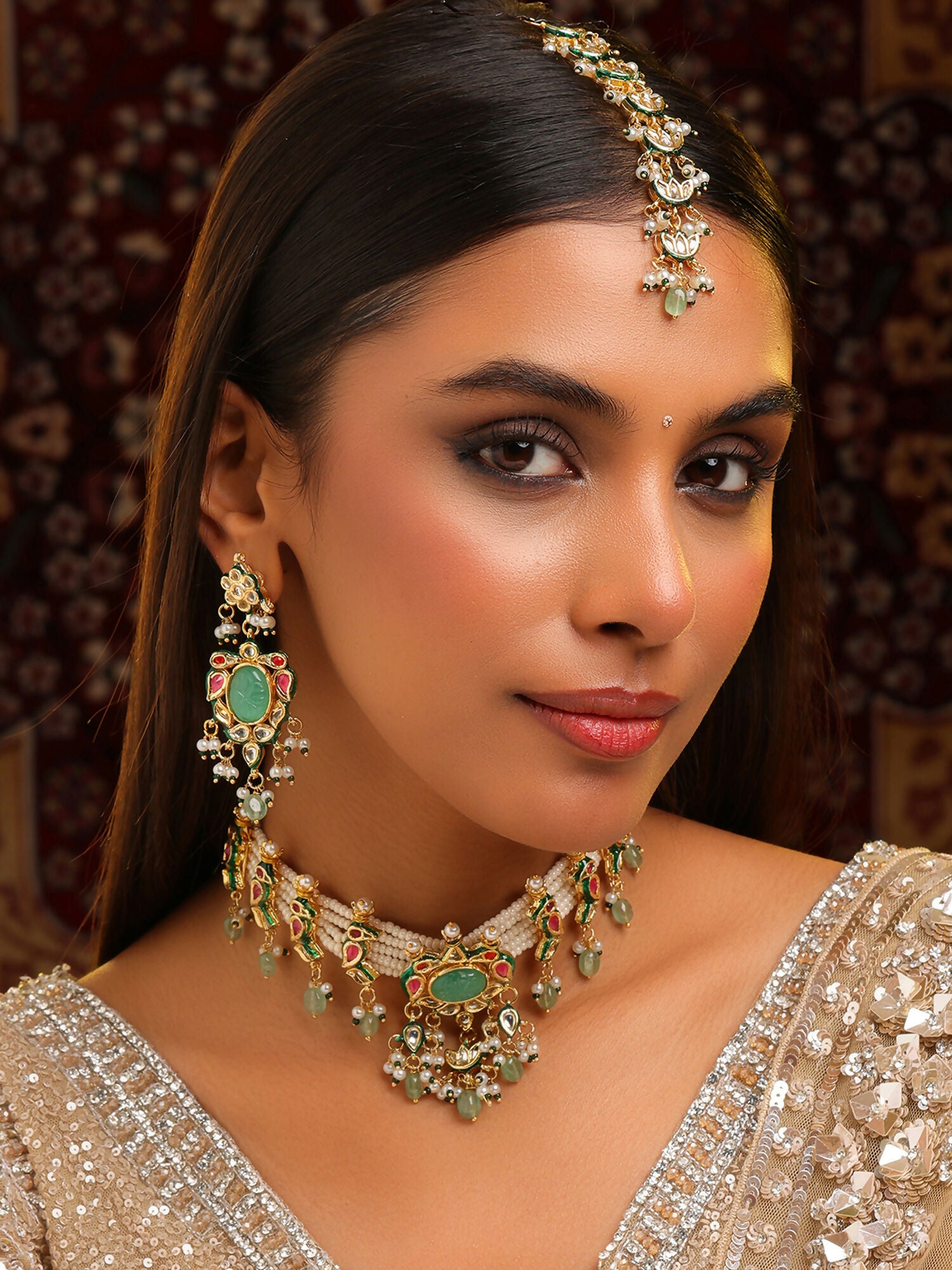 Ruby Raang Rajkumari Necklace With Earrings And Maang Tikka - Distacart