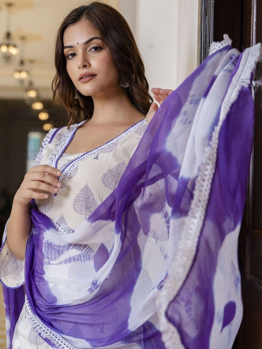 Anouk White Floral Printed Pure Cotton Lace Straight Kurta with Trousers & Dupatta - Distacart