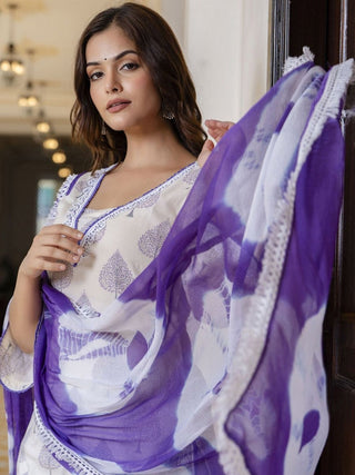 Anouk White Floral Printed Pure Cotton Lace Straight Kurta with Trousers & Dupatta - Distacart