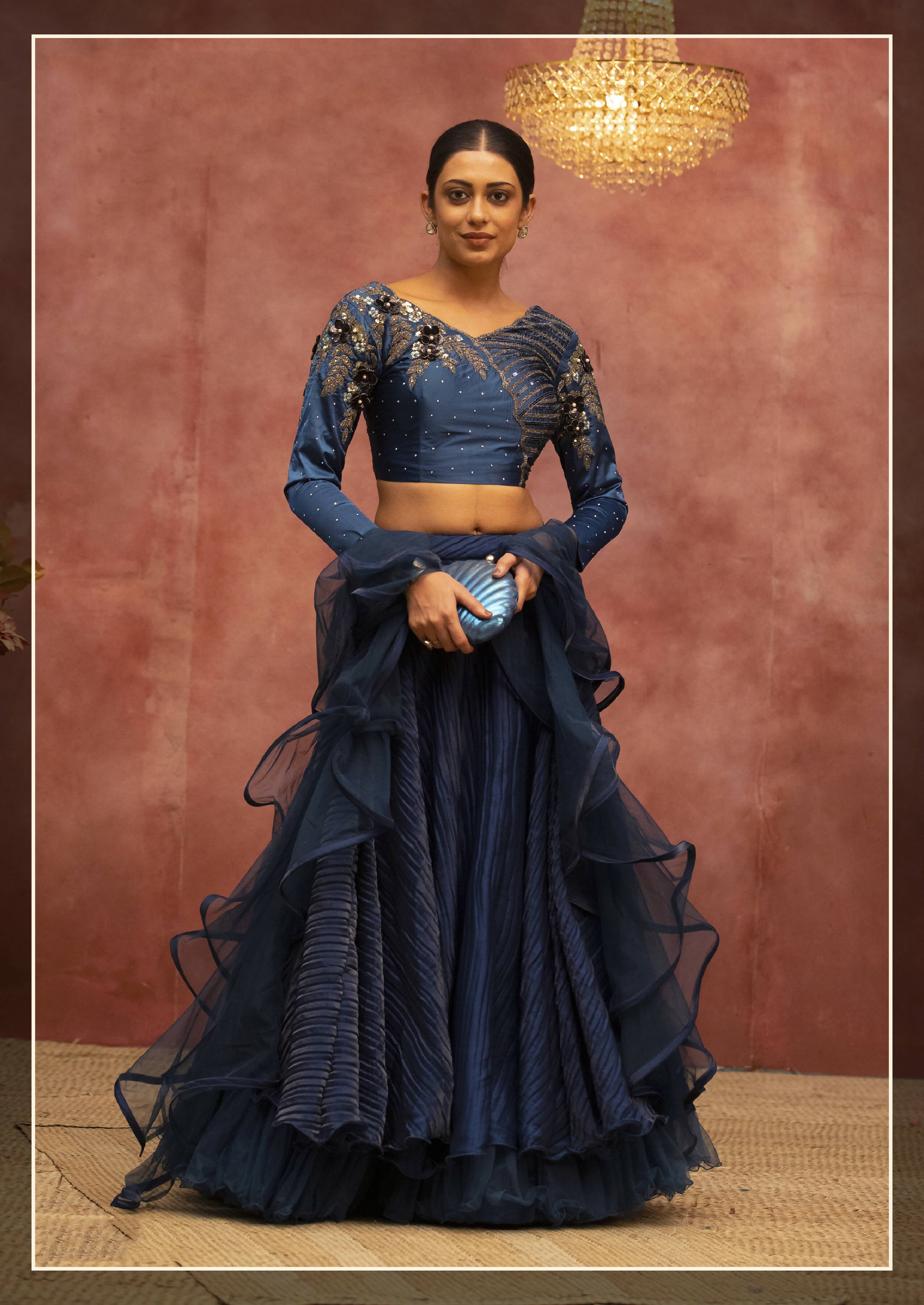 Blue Net, Fancy Lycra Semi-Stitched Bridal Lahenga - Nimaya Bonanza - Distacart