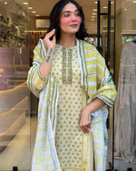 Thumbnail for The52 Multi Women's Gorgeous Linen Silk Fabric Embroidered Work Straight Kurta Pant and Dupatta Set - Distacart