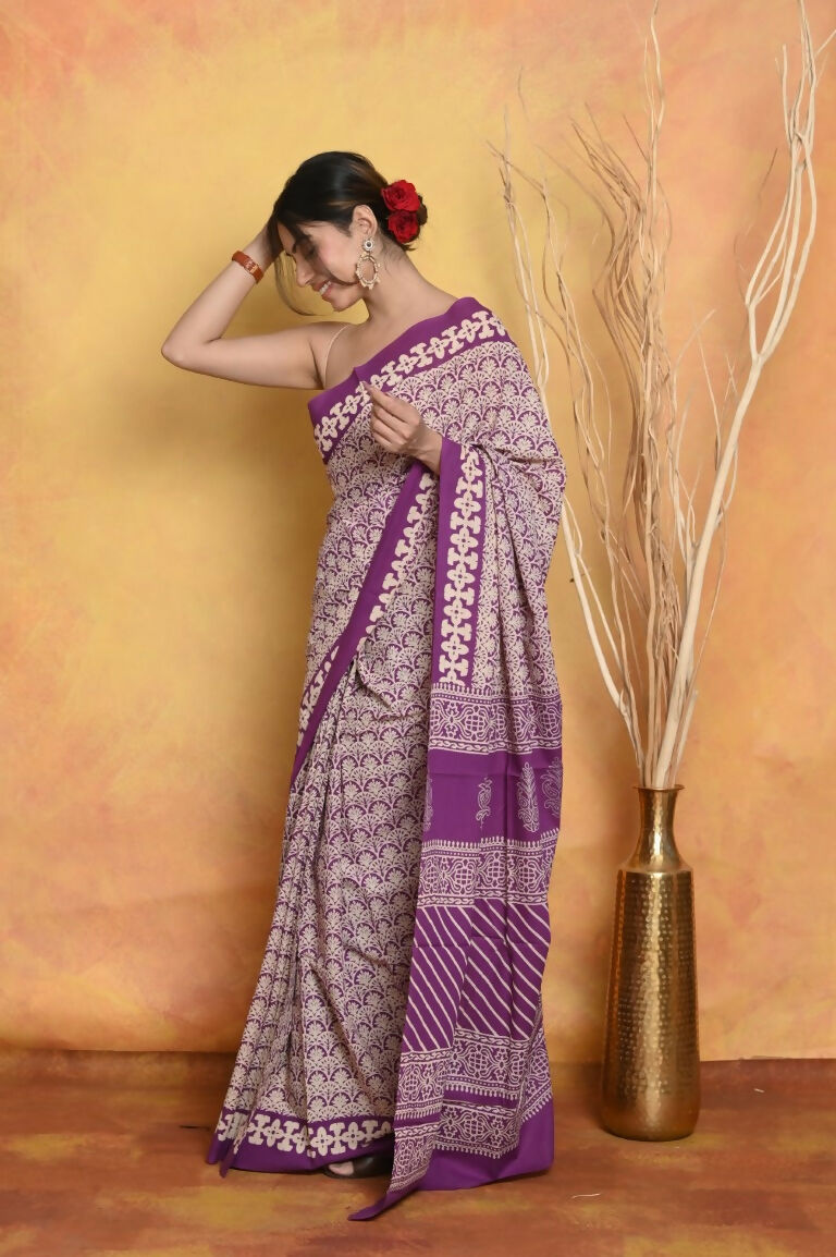Very Much Indian Handblock Printed Cotton Saree With Natural Dyes - White - Distacart