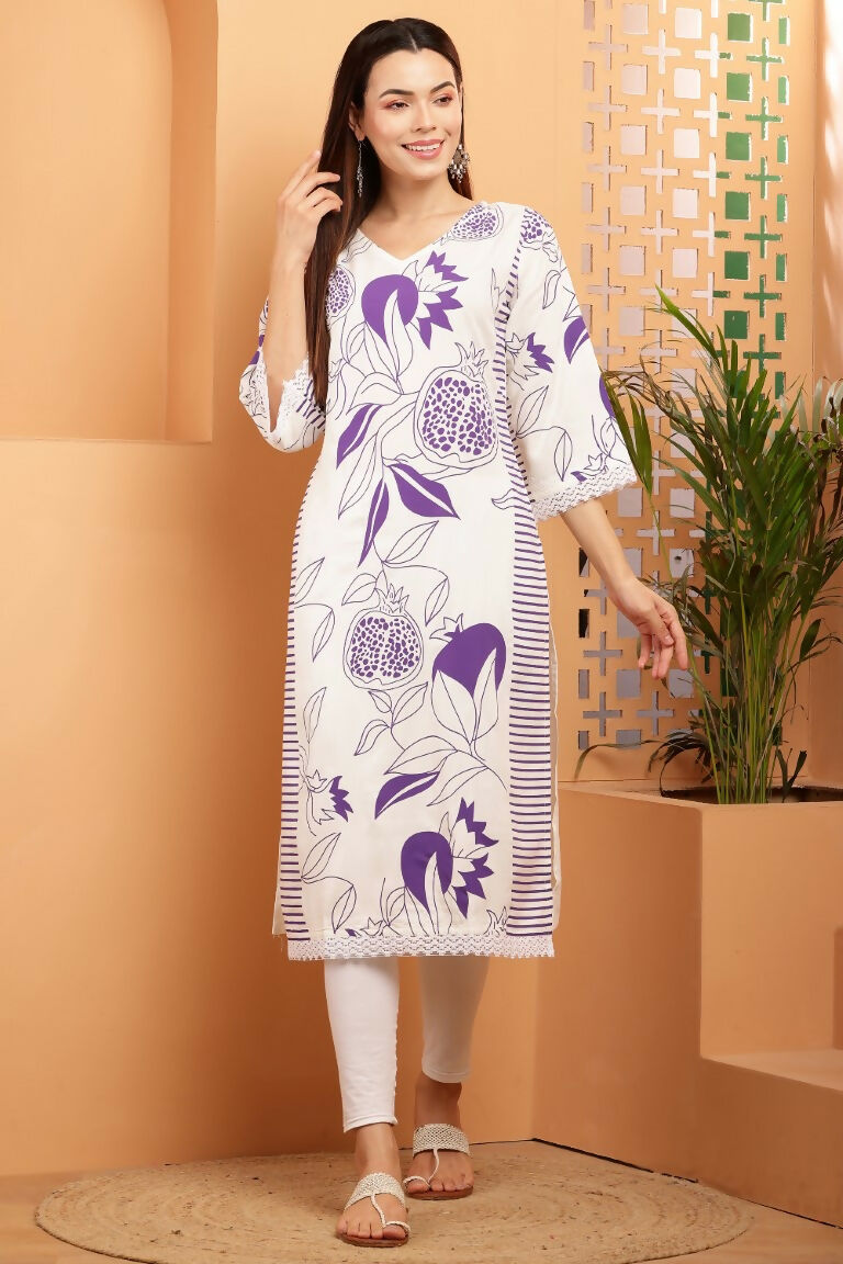 Cheera Women Stylish Hand Block Printed Cotton Blend Flared Kurta - Off White - Distacart