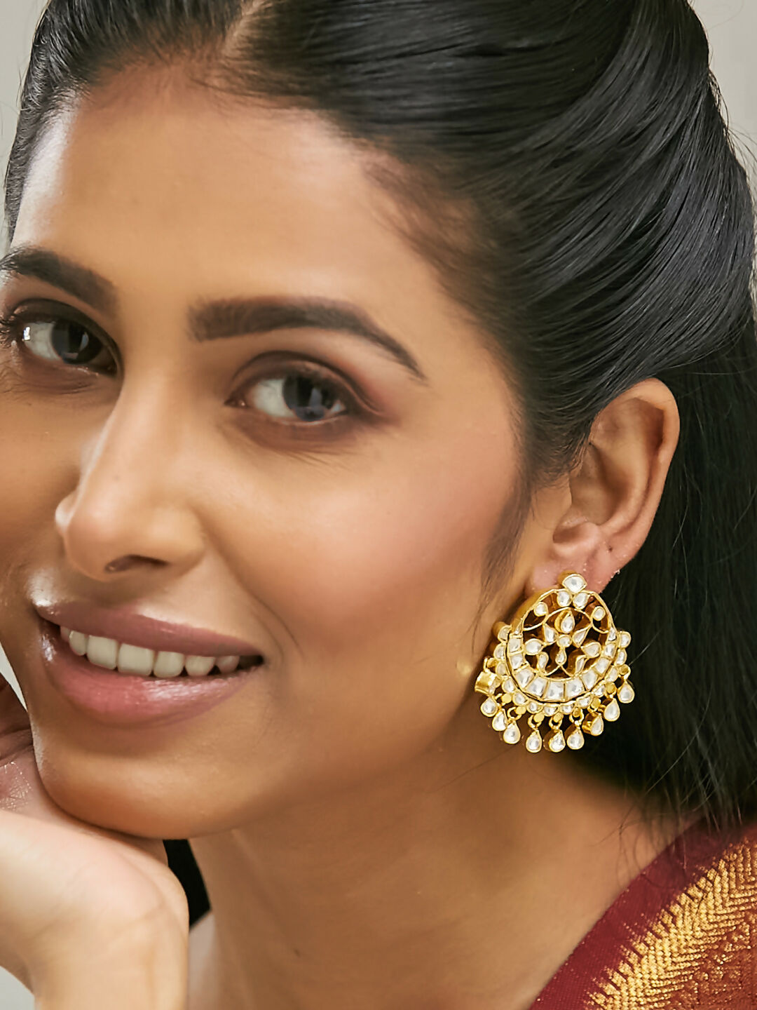 Nuyug 22K Gold-Plated Kundan Stone Studded & Pearl Beaded Moon Chandbalis