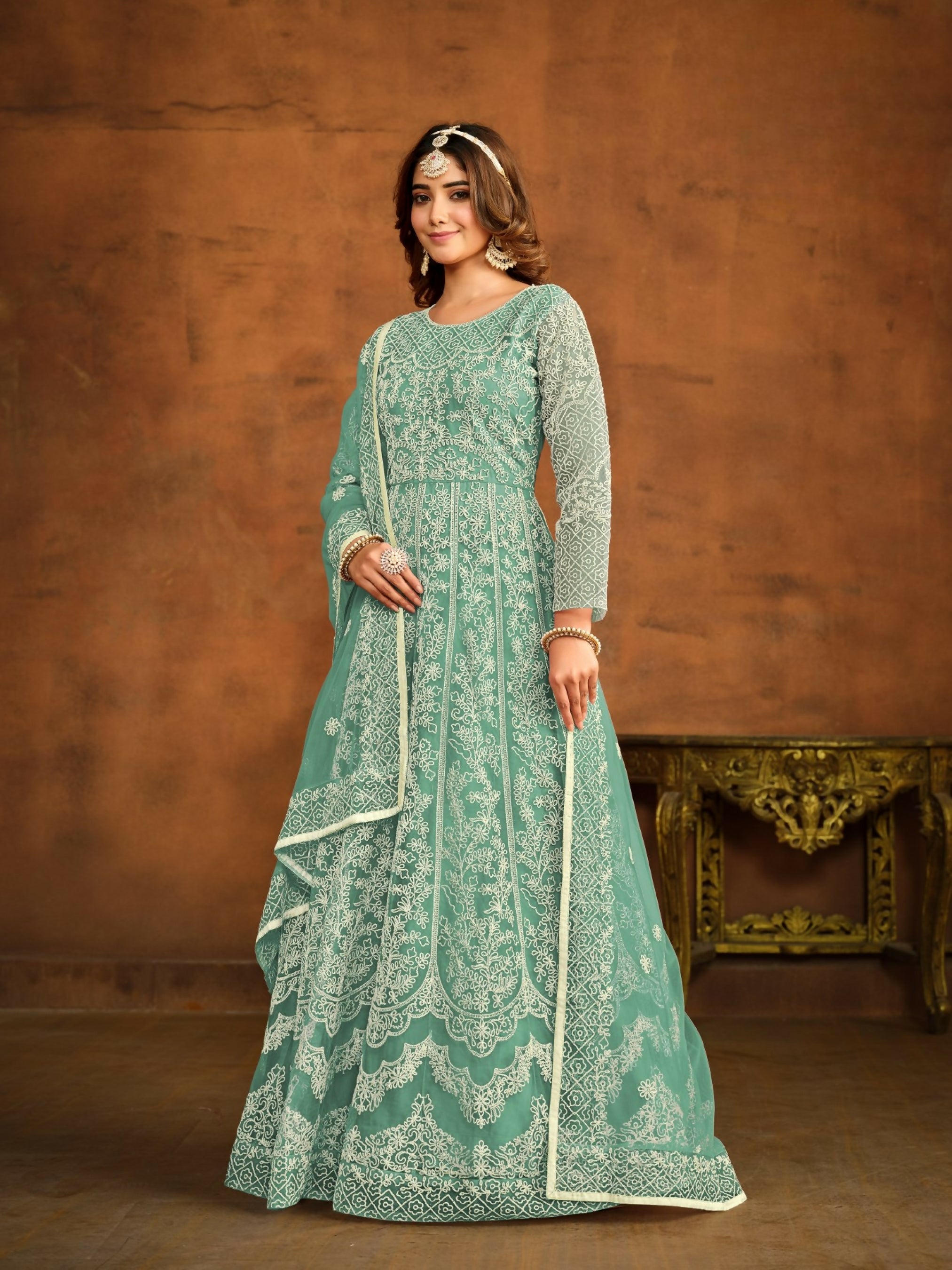 Anaita Sky Blue Embroidered Net Anarkali Suit - Distacart
