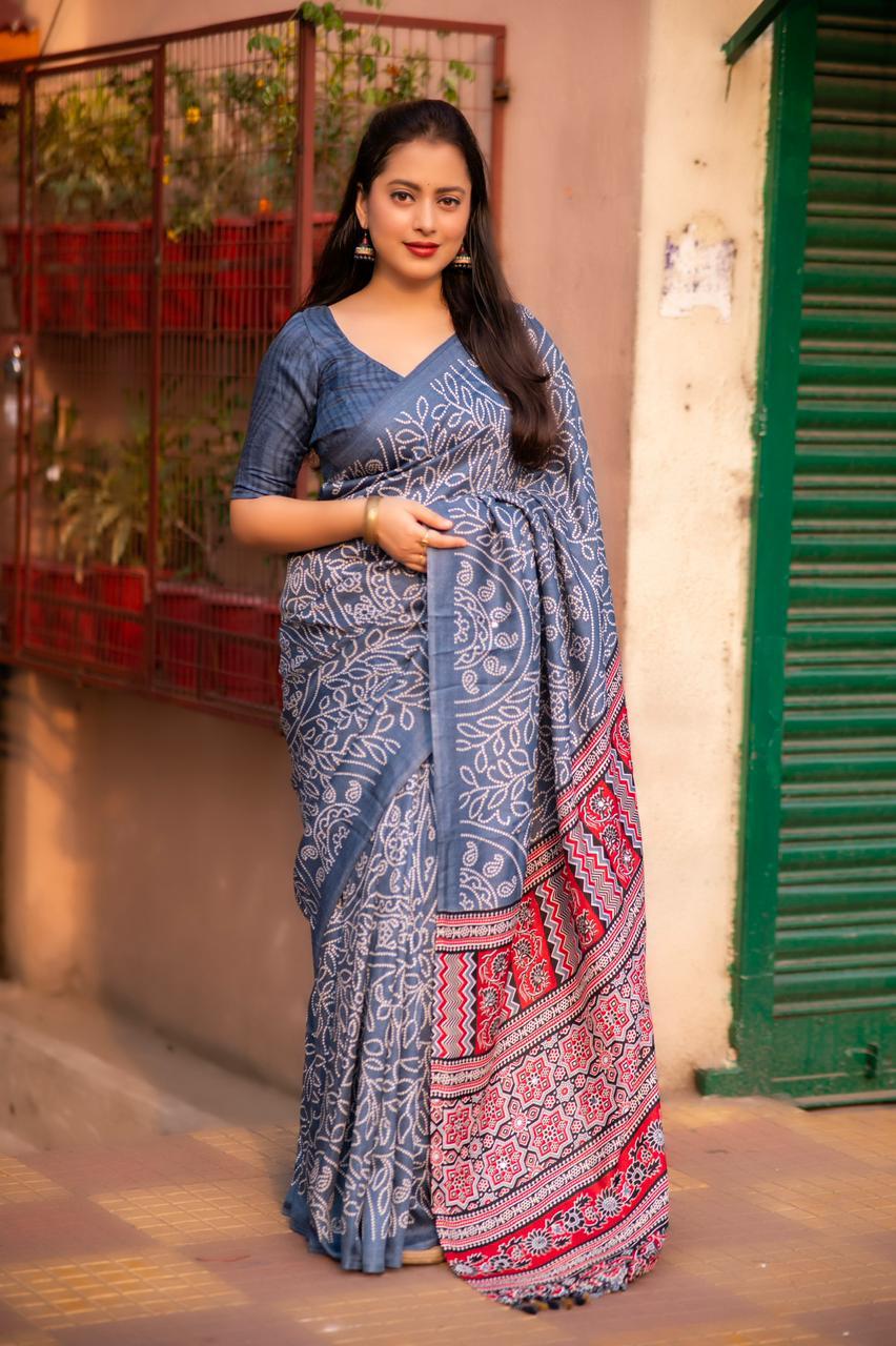 Grey Silk Blend Ajrak Saree with Unstitched Blouse - A2M - Distacart