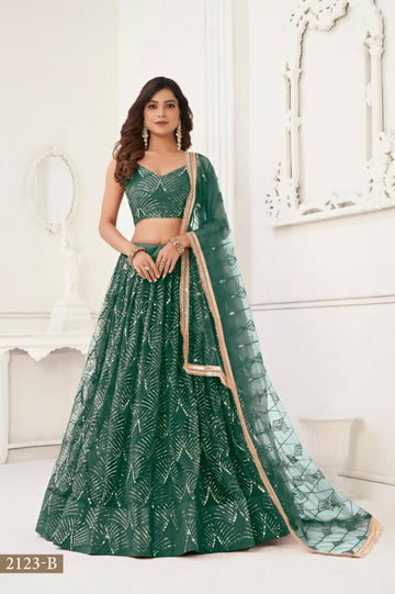Aastha Fashion Bottle Green Butterfly Net Tone To Tone Thread Work, Sequence Work And Original Mirror Work Embroidery Wedding Wear Lehenga Choli - Distacart