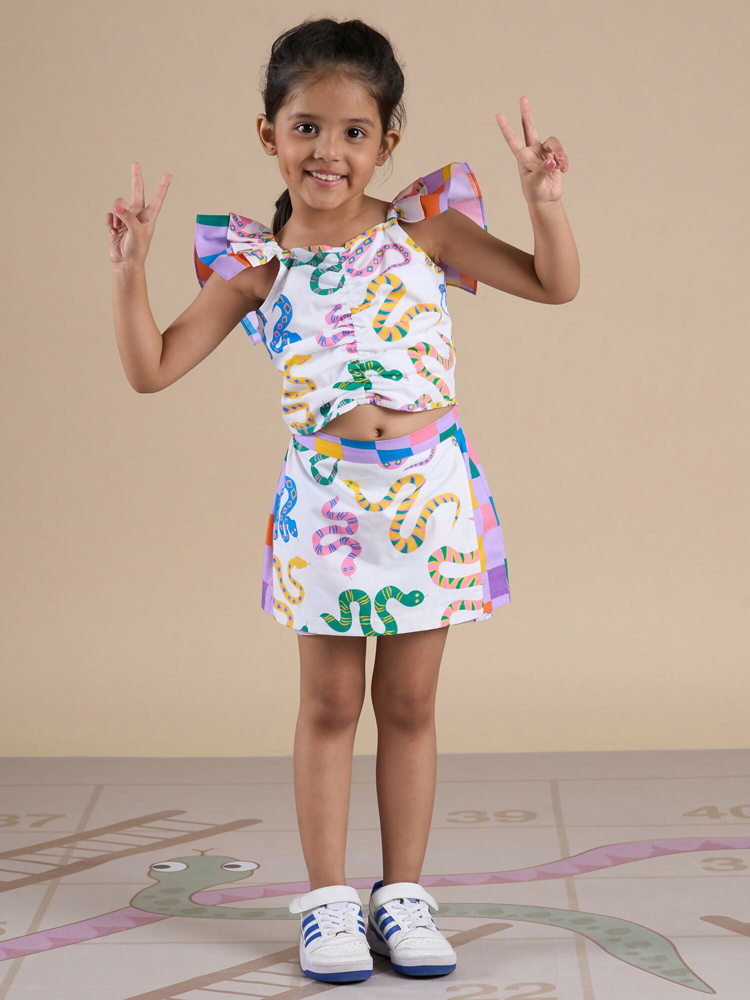 Snakes and Ladders Girls Multi Color Snake Print Top and Shorts Set from Siblings Collection - Distacart