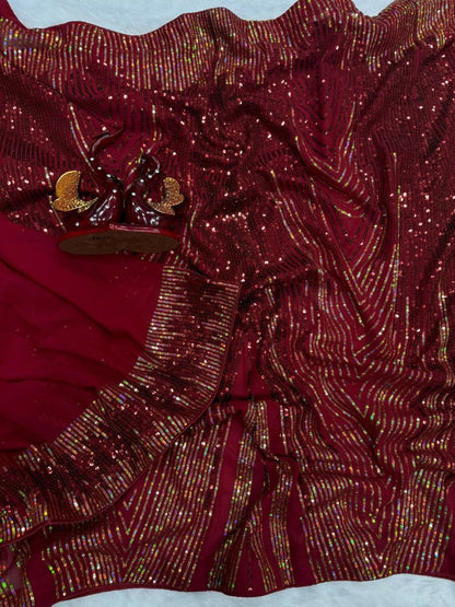 Arfa Fashion House Maroon Georgette Sequince Saree - Distacart