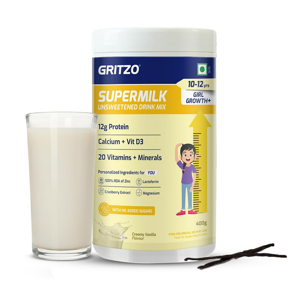 Gritzo SuperMilk Growth+ (Formerly Height+) Unsweetened Drink Mix (10-12y Girls) 12g Protein Powder - Creamy Vanilla - Distacart