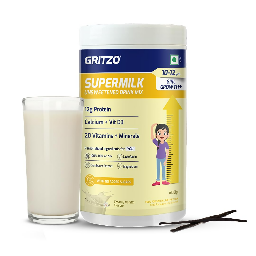 Gritzo SuperMilk Growth+ (Formerly Height+) Unsweetened Drink Mix (10-12y Girls) 12g Protein Powder - Creamy Vanilla - Distacart