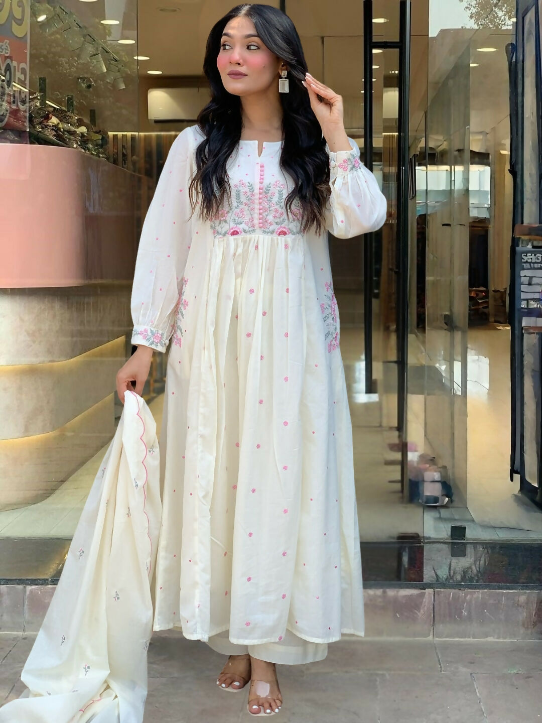 The52 White Women's Beautiful Cotton Fabric Thread Work Straight Kurta Pant and Dupatta Set - Distacart